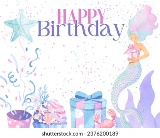 Happy birthday card with mermaid holding a gift - Star shaped balloon, coral, stars, cupcake, confettis, crab on white background. Invitation card. - Powered by Shutterstock