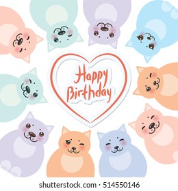 happy birthday card template, funny green blue pink orange fat cats, pastel colors on white background. 
