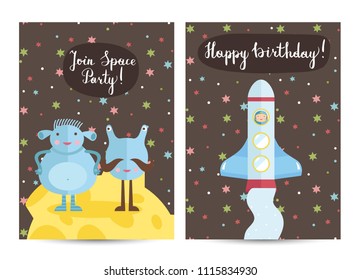 Happy birthday cartoon greeting card on space theme. Funny blue aliens on moon surface, spaceship with astronaut flying in cosmos illustrations. Bright invitation on childrens costumed party - Powered by Shutterstock