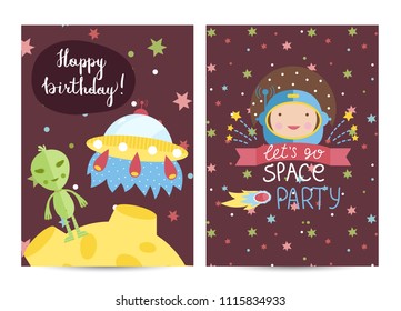 Happy birthday cartoon greeting card on space theme. Alien on moon, flying saucer, astronaut, colorful stars illustrations on brown background. Bright invitation on childrens costumed party - Powered by Shutterstock