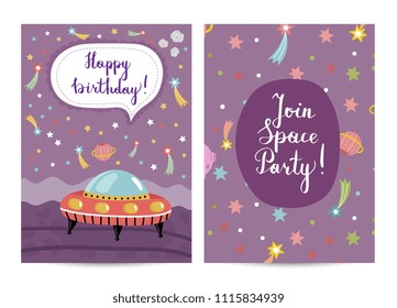 Happy birthday cartoon greeting card on space theme. Flying saucer surrounded by color stars, solar system planets and fiery comets on violet background . Invitation on childrens costumed party - Powered by Shutterstock