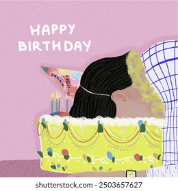 Happy birthday celebration. Person with yellow birthday cake on a pink background. Birthday boy in a holiday cap gets hit in face with cake. Joke or prank on friend with cake - Powered by Shutterstock