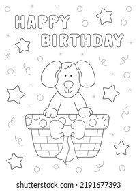 Happy Birthday Coloring Page For Kids. Cute Dog Inside A Basket, Stars, Letters And More Fun Shapes To Color. You Can Print It On Standard 8.5x11 Inch Paper