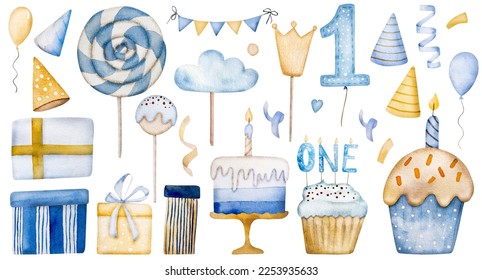 Happy Birthday cupcake and cake with lollipop and candle one year for baby boy watercolor illustration collection. Blue muffin and desert for family celebration aquarelle paintings set - Powered by Shutterstock