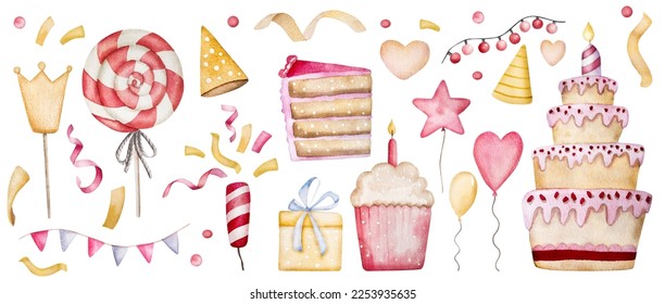 Happy Birthday cupcake and cake with lollipop for baby girl watercolor illustration collection for postcard design. Pink muffin and desert for family celebration aquarelle paintings set - Powered by Shutterstock