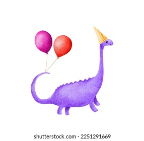 Happy birthday dinosaur with balloons. Funny character long neck dino in party hat cartoon illustration. Watercolor dinoaurs holiday card design    - Powered by Shutterstock