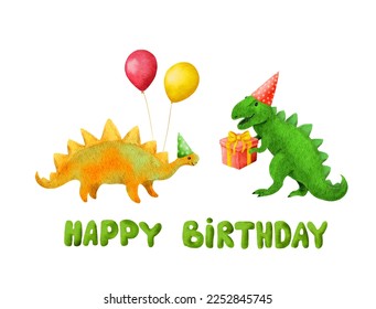 Happy birthday dinosaur in party hat with balloons and gift box. Funny character dino cartoon illustration for anniversary design. Watercolor cute dinosaurs holiday card  - Powered by Shutterstock