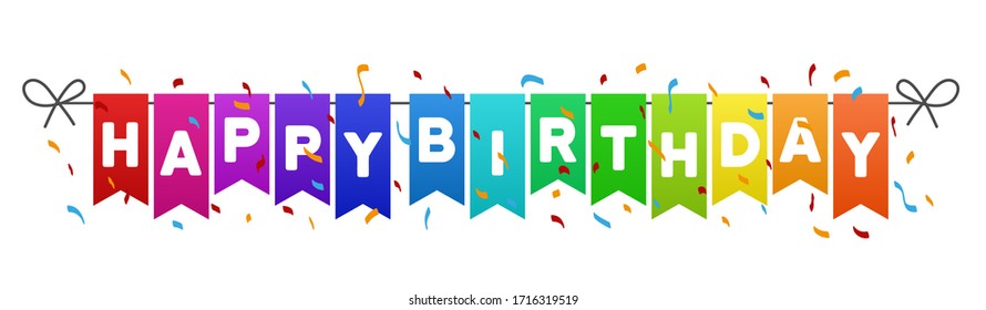 Happy birthday flags banner with confetti on white background.