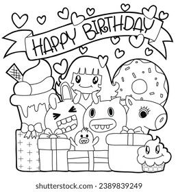 happy birthday funny monsters. Cool hand drawn characters. Cartoon hand drawn doodles, children's  illustration coloring background. black and white stripes. - Powered by Shutterstock