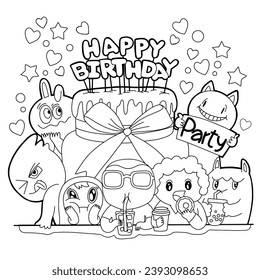 happy birthday funny monsters. Cool hand drawn characters. Cartoon hand drawn doodles, children's  illustration coloring background. black and white stripes. - Powered by Shutterstock