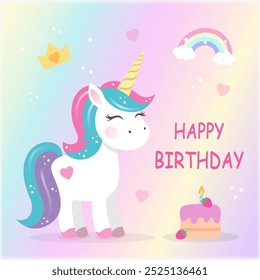 Happy birthday greeting card, with a beautiful unicorn and cake - Powered by Shutterstock