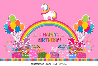 Happy Birthday! Greeting card. Celebration pink background with cute unicorn icon, Balloons, rainbow, frame, gift boxes and place for your text. Horizontal card format for web banner or header.  - Powered by Shutterstock