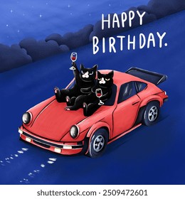 Happy birthday greeting card for friend boyfriend with car and cats holding wine glasses in the night. Vintage racing car with cats postcard. Happy birthday card with humor. - Powered by Shutterstock