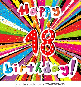 Happy Birthday greeting card with number 18 candle and confetti on a colorful sunburst background - Powered by Shutterstock