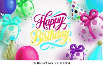 Happy birthday greeting vector template design. Birthday greeting text with gifts, cap, hat and balloons inflatable decoration elements for kids party invitation card design. Vector illustration  - Powered by Shutterstock