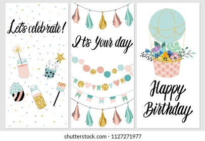 Happy Birthday Party Cards Set Cake Stock Illustration 1127271977