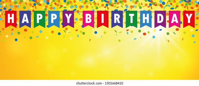 Happy Birthday Party Flags Banner With Confetti Rain On Sunny Background Illustration