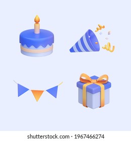 Happy Birthday Set Illustration. Birthday Elements. Decoration. Birthday Cake, Ribbons, Gift Box. 3d Render