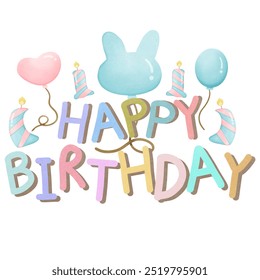 Happy birthday text colorful with candle and balloon on white background - Powered by Shutterstock