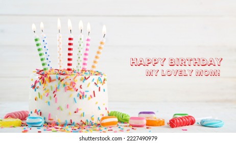 Happy Birthday text and simple background decorated and birthday cake  candies   candles  It can be used to wish happy birthday to your mom  Vector illustration