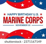 Happy Birthday United States Marine Corps, background design in minimalist shapes with patriotic colors.