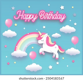 Happy birthday vector background with a rainbow unicorn in cloudy sky. Fairy tale, imagination and fantasy. Design element for invitation and happy birthday card for girls - Powered by Shutterstock