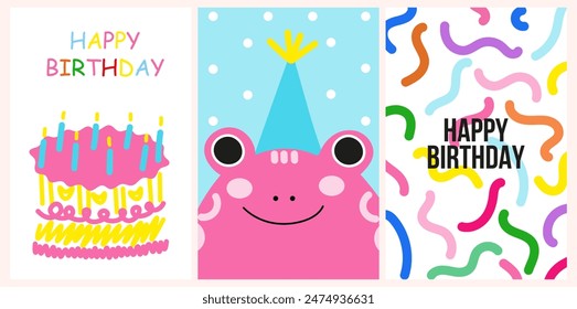 Happy birthday. Vector funny illustrations of cute, birthday cake, frog in a cap, lettering for a greeting card or background - Powered by Shutterstock