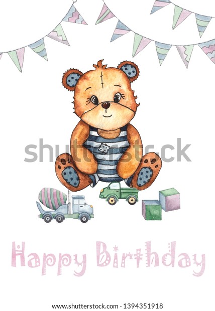Happy\
Birthday watercolor baby shower cards with cute animals, toys,\
cars, blocks, balloons for kids, shirt design, nursery decor, party\
invitations, scrapbooking, packaging,\
posters