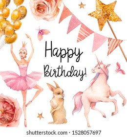 Happy birthday watercolor card design. Hand painted toys, unicorn, air balloons, flowers, garland on white background. Baby girl greeting illustration - Powered by Shutterstock