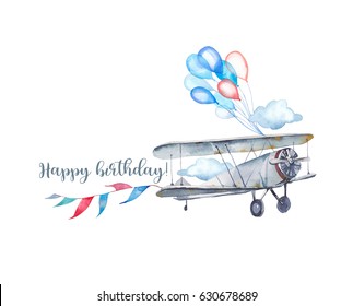 Happy Birthday Watercolor Card Design. Hand Painted Retro Plane With Flags Garland And Air Balloons Isolated On White Background. Baby Boy Greeting Illustration