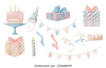 Happy Birthday Watercolor set. Hand drawn collection with gift boxes, garlands and cake for baby shower in cute pastel pink and blue colors on isolated background. Illustration with presents for party - Powered by Shutterstock