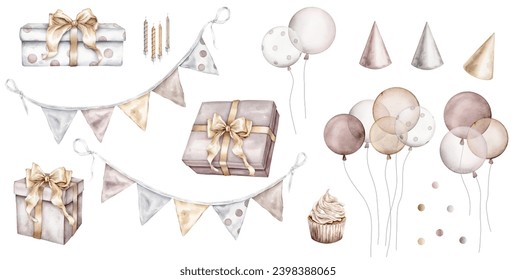 Happy Birthday Watercolor set. Hand drawn collection with gift boxes, garlands and cake for baby shower in cute pastel pink and gold colors on isolated background. Illustration with presents for party - Powered by Shutterstock