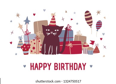 Happy birthday wish and funny cartoon black cat in party hat sitting against gifts, cupcakes, colorful balloons and festive confetti on background. Illustration in flat style for greeting card. - Powered by Shutterstock