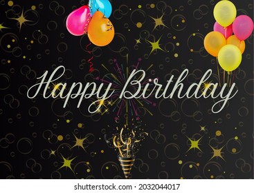 Happy birthday wishes and greetings to friends, relatives, lovers, mother, father, daughter, son, sister, brother illustration. Balloons in golden and black background. - Powered by Shutterstock