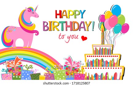 Happy Birthday to you! Greeting card. Celebration whit background with pink unicorn, Birthday cake, Balloons, gift box and place for your text. Horizontal card format for web banner or header.  - Powered by Shutterstock