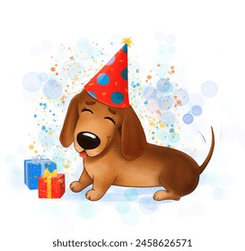 Happy Birthday to you Greeting card. Celebration white background with Dachshund dog, Balloons and hat. Cute cartoon character. Flat design. Kid greeting card template. - Powered by Shutterstock