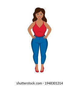 Happy Body Positive Girl Illustration. Beautiful Curvy Woman In A Red Tank Top And Blue Jeans Icon. Plus Size Fashion Model Female Icon Isolated On A White Background