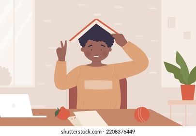 Happy Boy Child With Books, Studying At Home Illustration. Cartoon Young Student Sitting At Table To Study, Teenager Character Doing School Homework With Smile, Fun Education Background