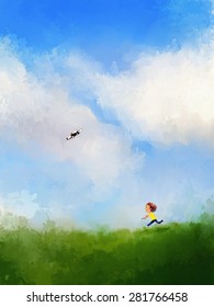 Happy boy playing with flying drone, painting illustration