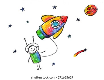 Happy Boy With Rocket. Colorful Summer Picture. Kids Drawing