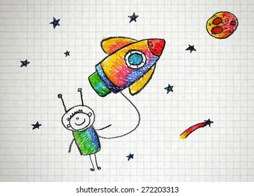Happy boy and rocket  Colorful summer picture  Kids drawing