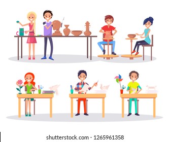 Happy boys and girl engaging in various activities during class at art school isolated raster illustration on white background in cartoon style - Powered by Shutterstock