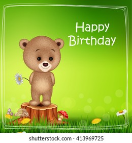 Happy Brithday Background With Little Bear On Tree Stump