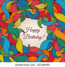 Happy Brithday Card With Frame Of Colored Foliage. Illustration.