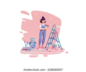 Happy brunette lady painter in blue overalls, red sneakers holds paint roller in one hand. Objects for renovation, green step ladder, buckets, brushes, pink wall. 3d render isolated on white backdrop. - Powered by Shutterstock