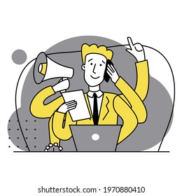 Happy Business Man With Multitasking Skills Sitting At His Laptop. Freelance Worker. Metaphor Of Many Hands. Multitasking, Time Management And Productivity Concept. Flat Illustration.