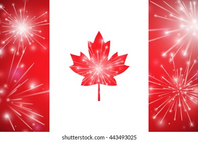 Happy Canada Day Card. Canada Flag, Fireworks, Red Maple Leaf. Illustration.