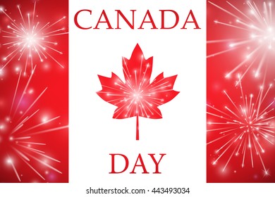 Happy Canada Day Card. Canada Flag, Fireworks, Red Maple Leaf. Illustration.