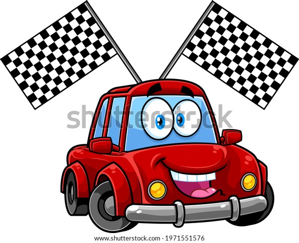 Happy Car\
Cartoon Character With Race Flags. Raster Hand Drawn Illustration\
Isolated On Transparent\
Background