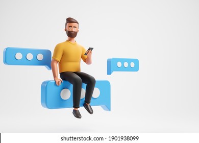 Happy Cartoon Beard Character Man Seat At Blue Text Bubble With Smartphone Over White Background. 3d Render Illustration.